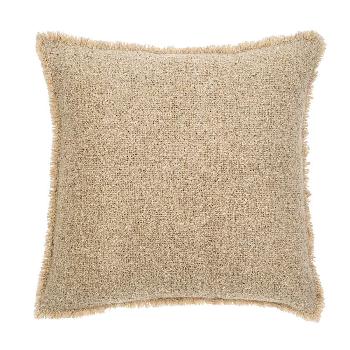 Full front view of the square Nubia bouclé pillow featuring a decorative fringed edge.