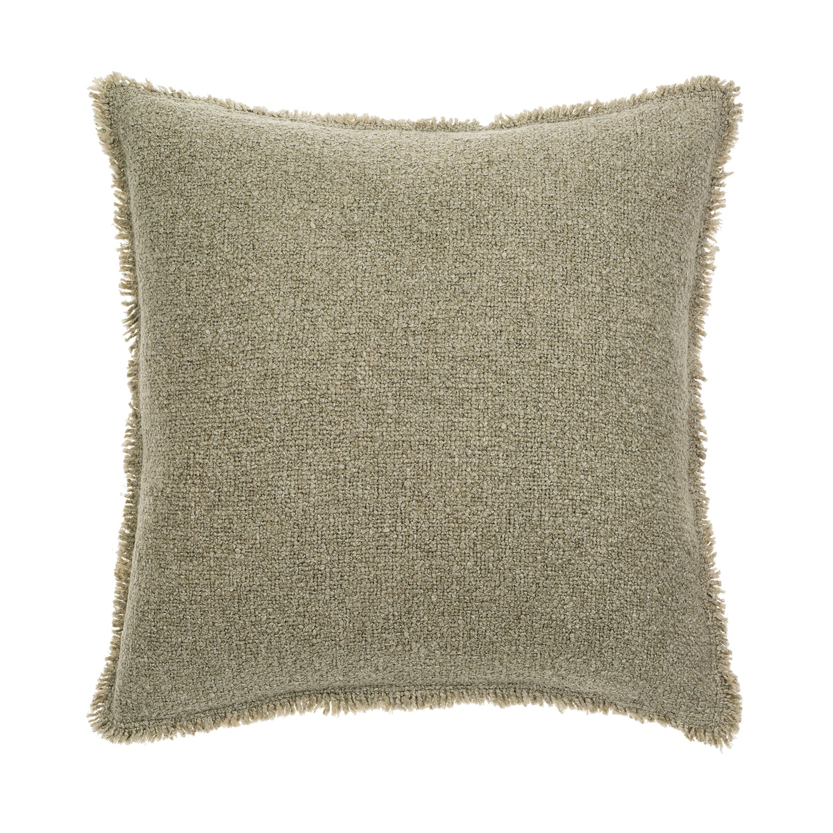Full front view of the square Nubia bouclé pillow featuring a decorative fringed edge.