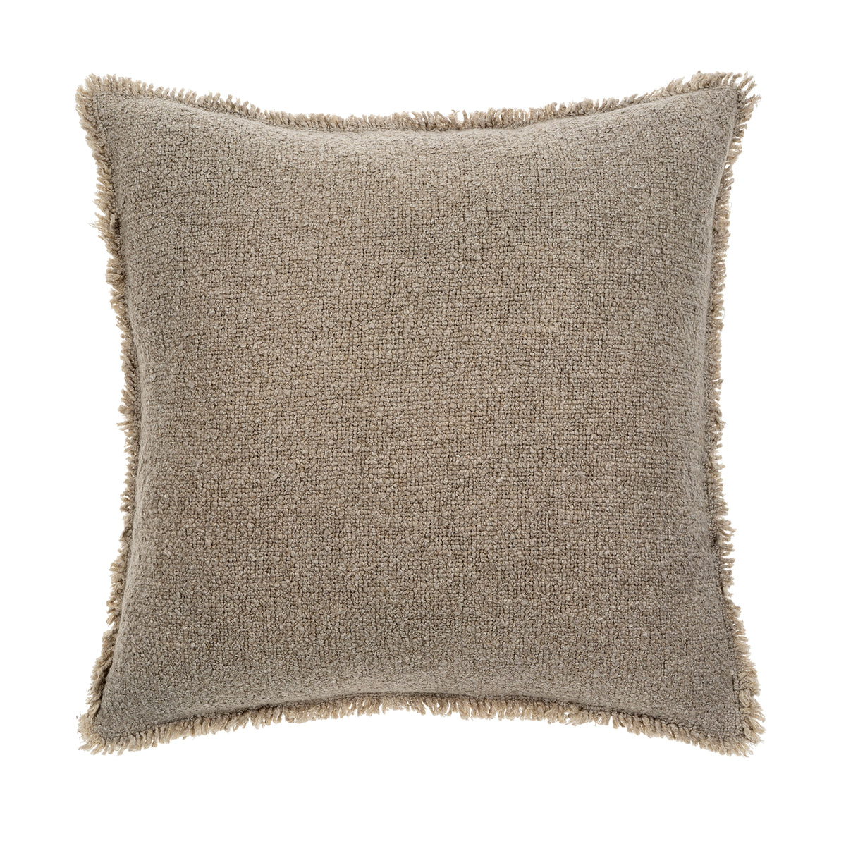 Full front view of the square Nubia bouclé pillow featuring a decorative fringed edge.