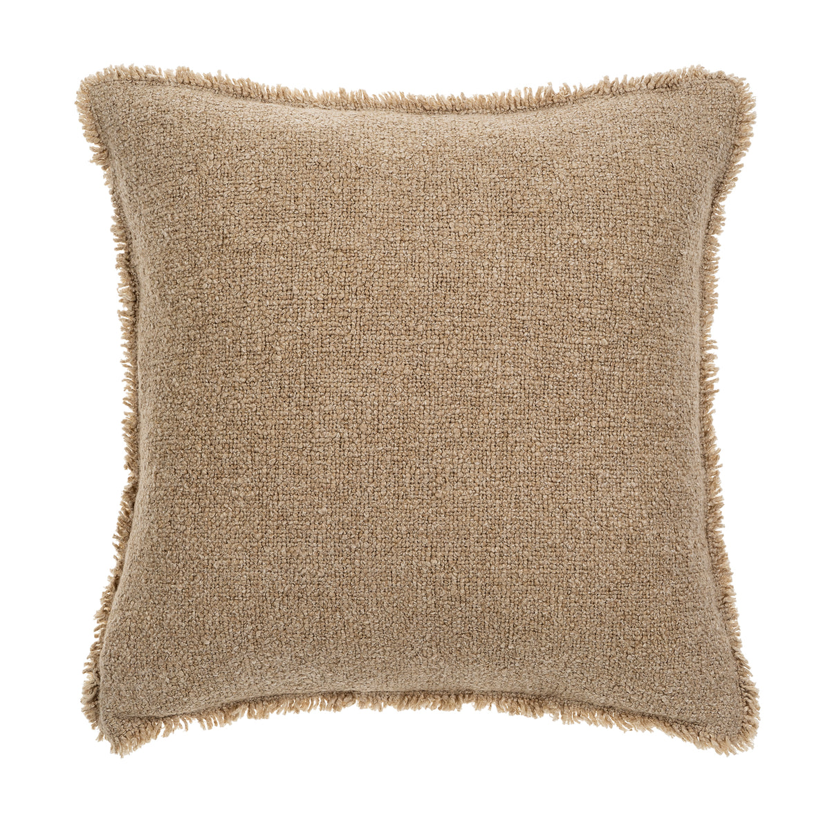 Full front view of the square Nubia bouclé pillow featuring a decorative fringed edge.