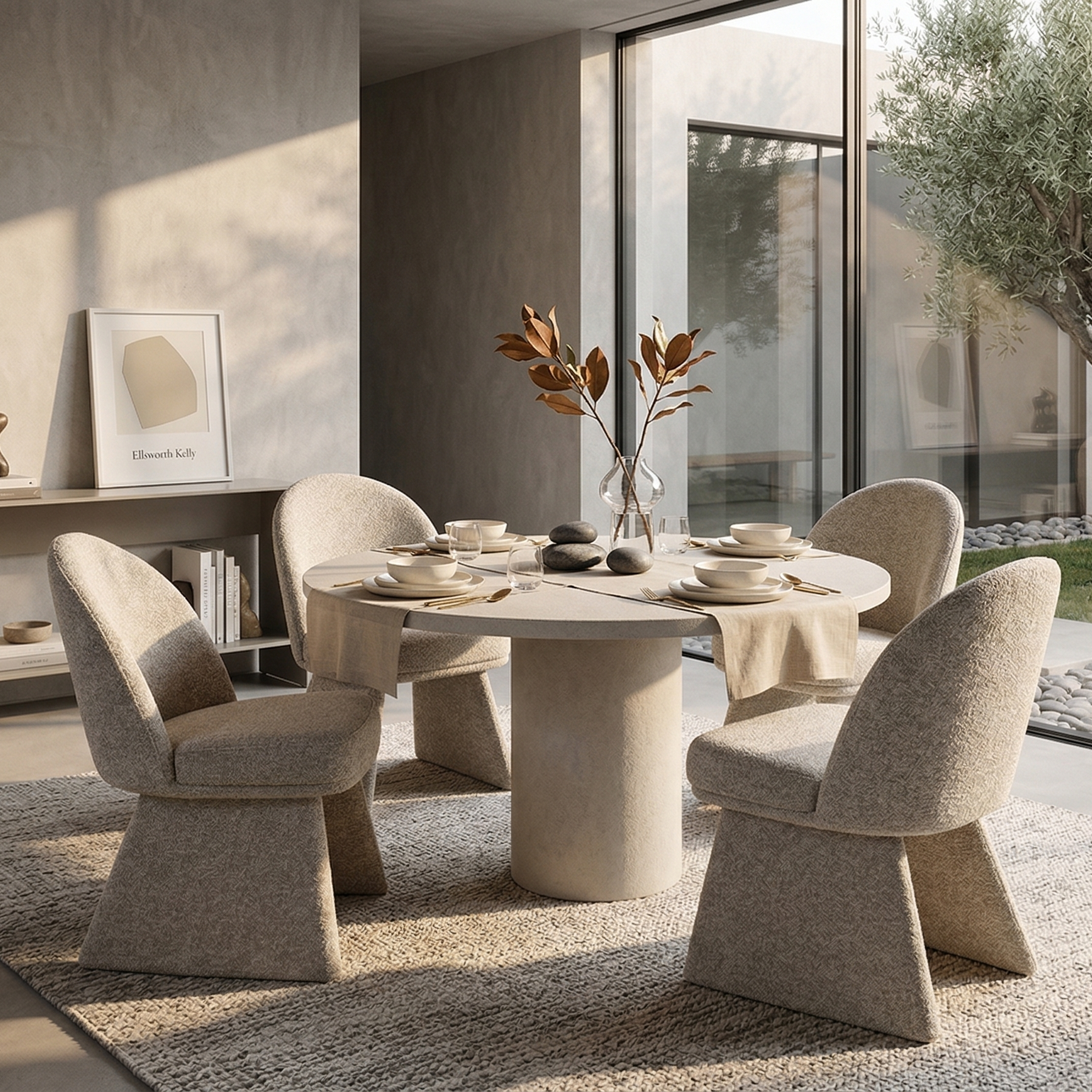 A set of four Odette bouclé chairs styled around a circular stone dining table in a bright, contemporary interior with olive trees.