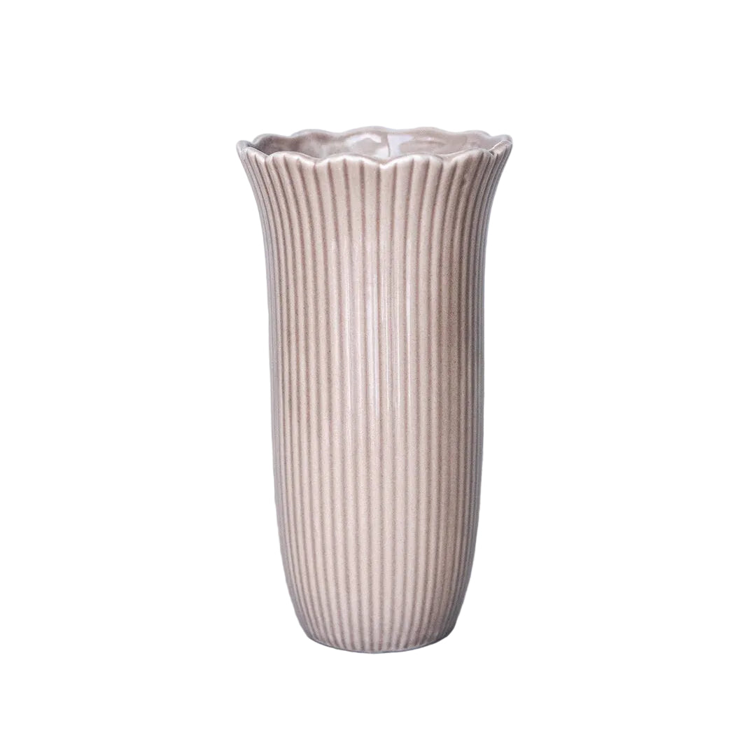 Beige ribbed vase on a light gray background