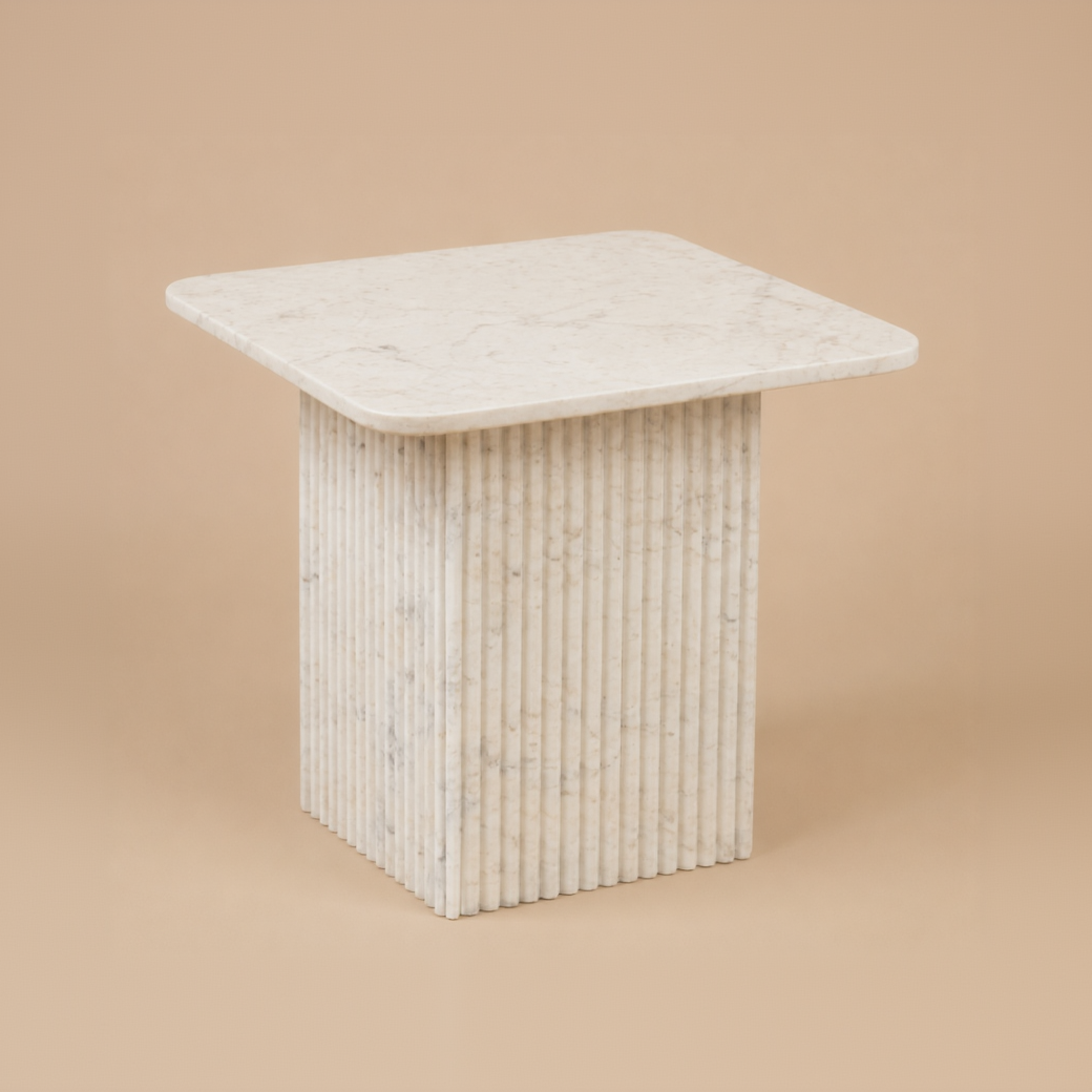 Frone view of the Ophelia Marble Accent Table on beige background