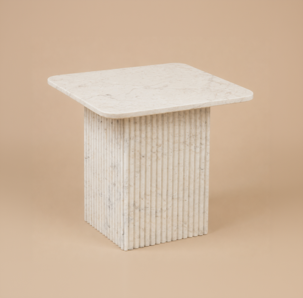 Frone view of the Ophelia Marble Accent Table on beige background