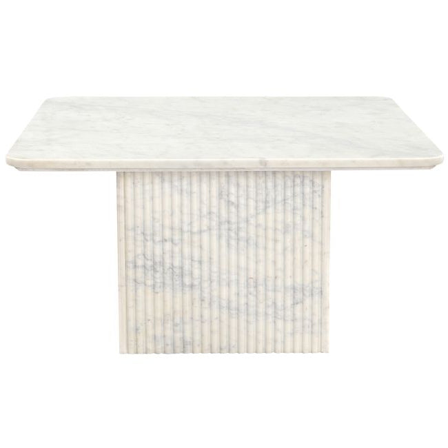 Front view of the Ophelia marble table with a marble top and fluted base on a white background