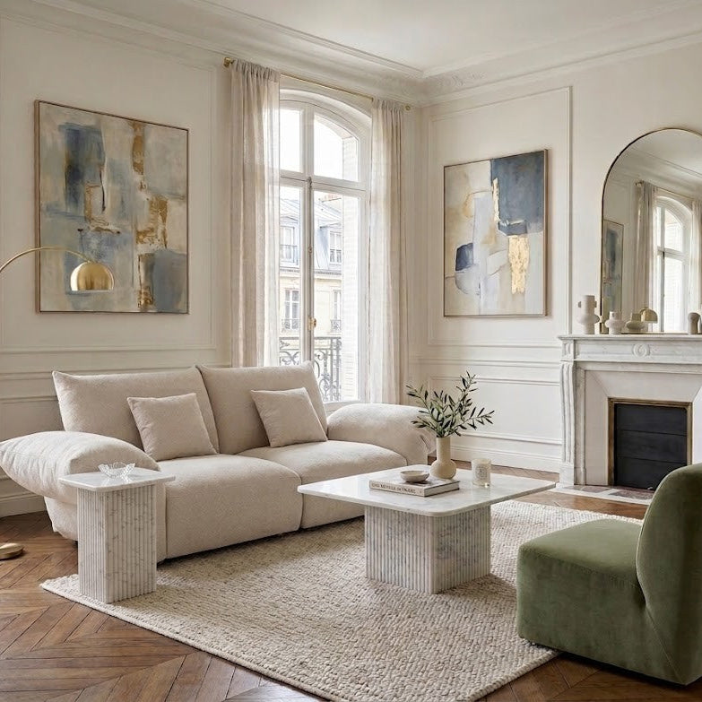 Living room with Blooming Embrace sofa, Ophelia Marble Coffee Table and Accent Table