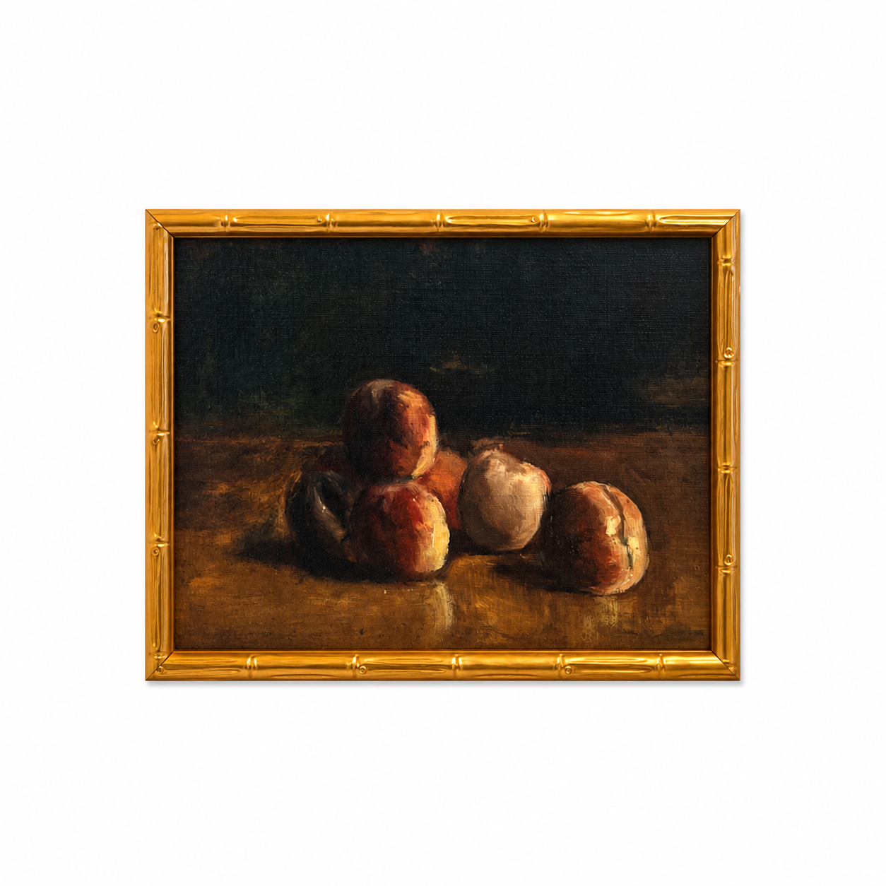 Still life painting of peaches in a gold frame on a white background