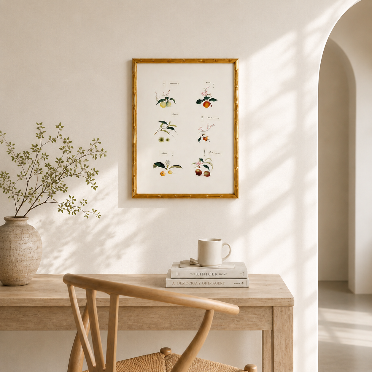 Framed botanical print on a wall above a wooden table with a chair.