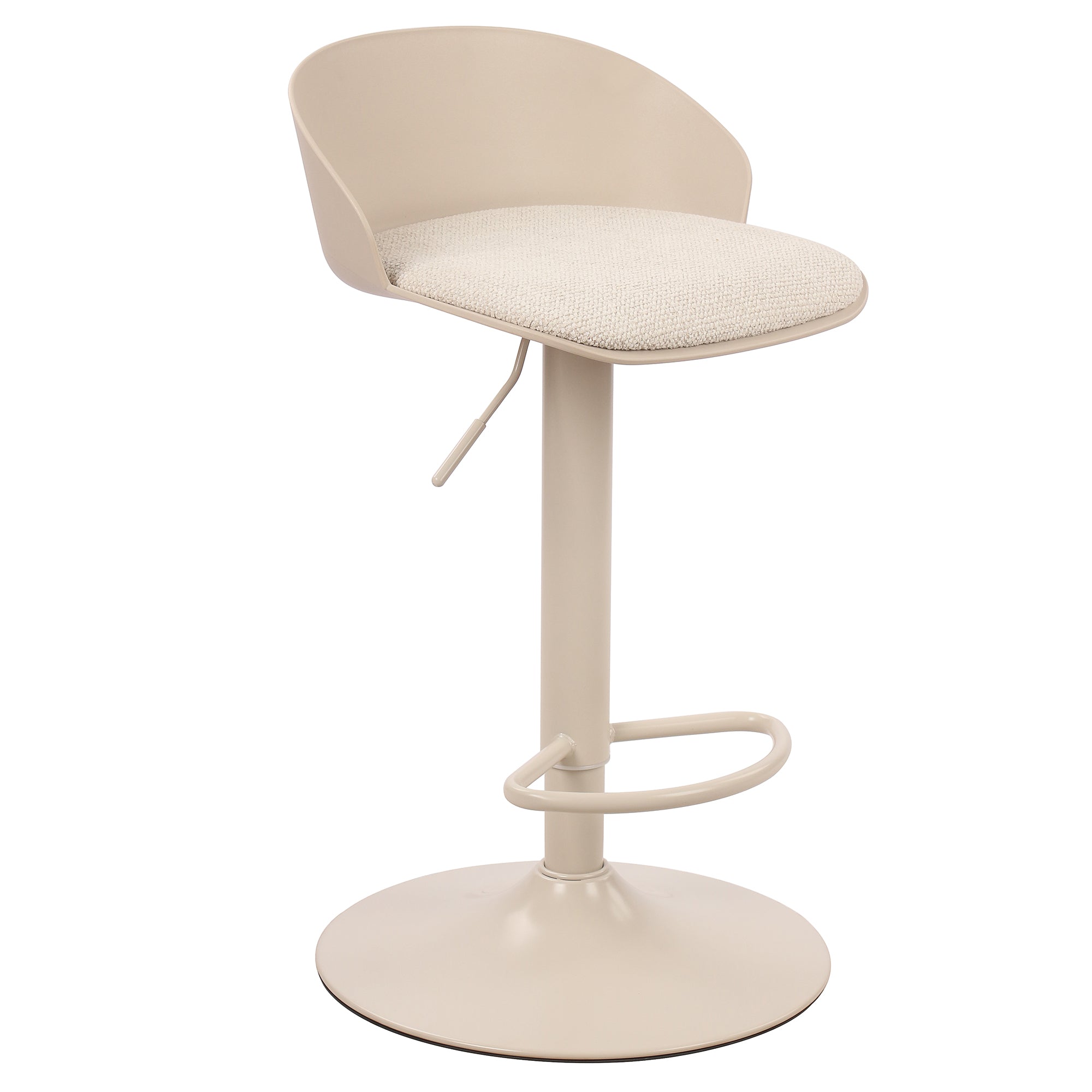 Angled front view of the beige Orla adjustable swivel stool featuring a curved backrest, footrest, and round trumpet base.