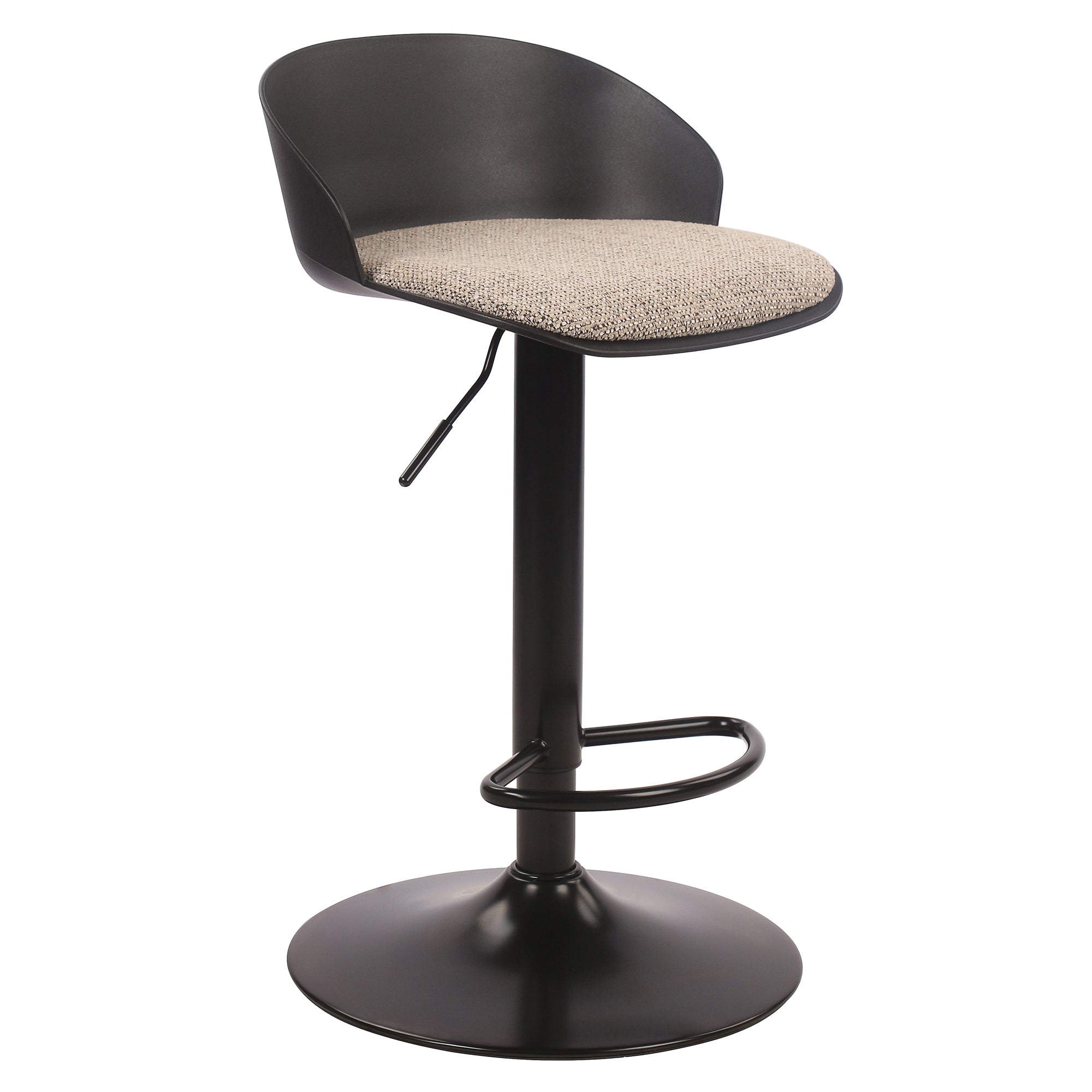 Angled front view of the black Orla adjustable swivel stool featuring a matte black base and a contrasting textured grey-beige seat cushion.