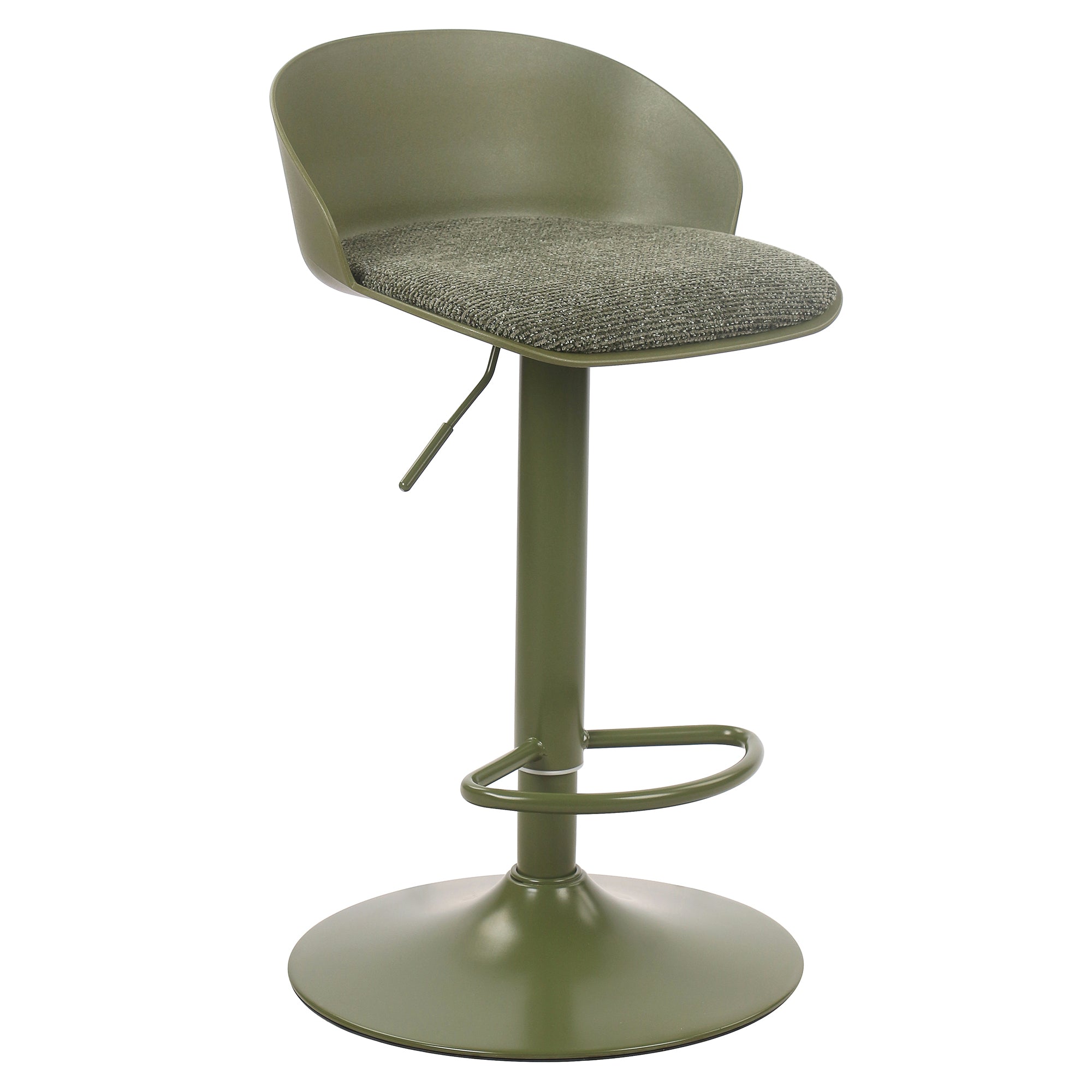 Angled front view of the olive green Orla adjustable swivel stool featuring a matching green base, shell, and textured upholstered seat.