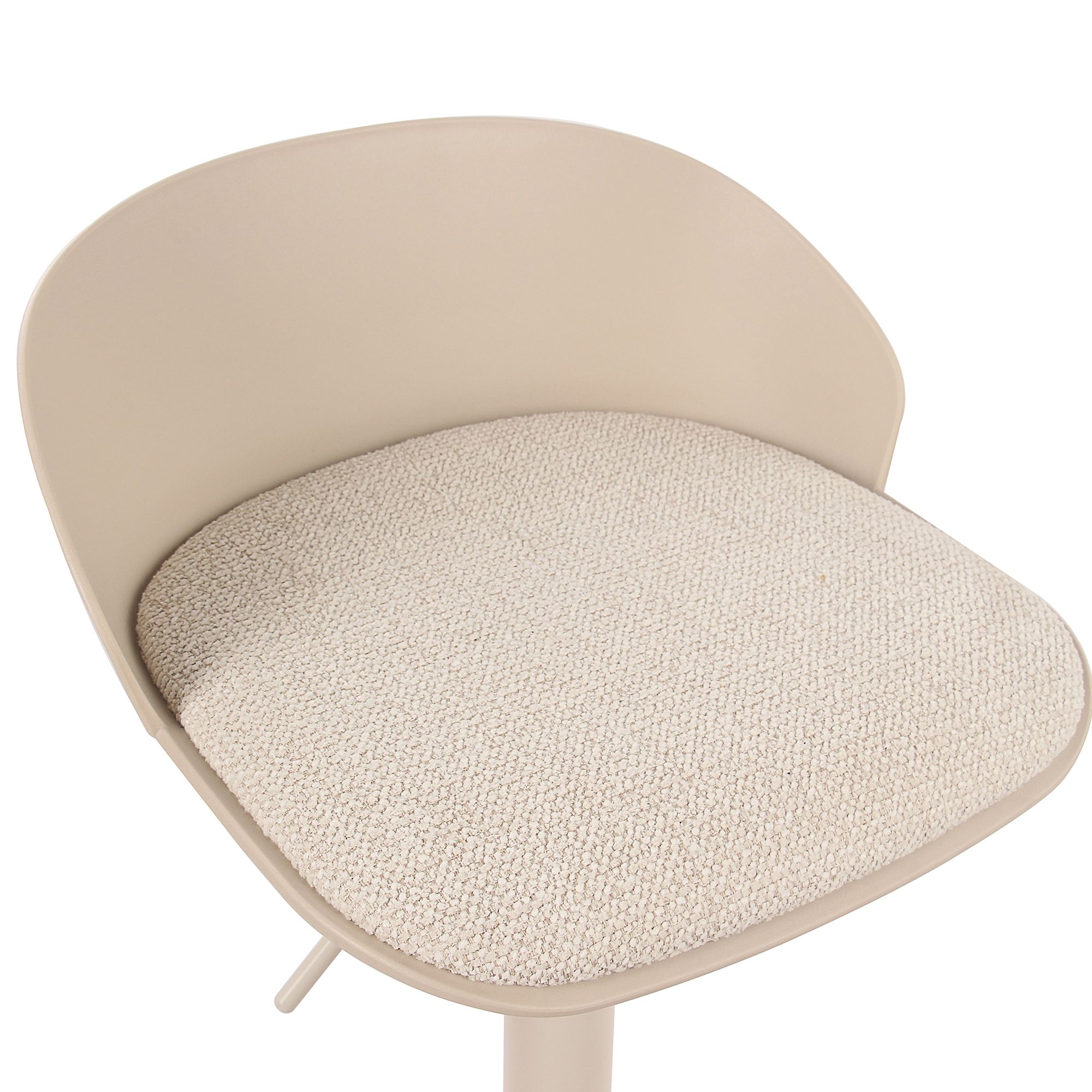 Close-up of the beige Orla stool highlighting the textured woven seat cushion nested inside the smooth curved back shell.