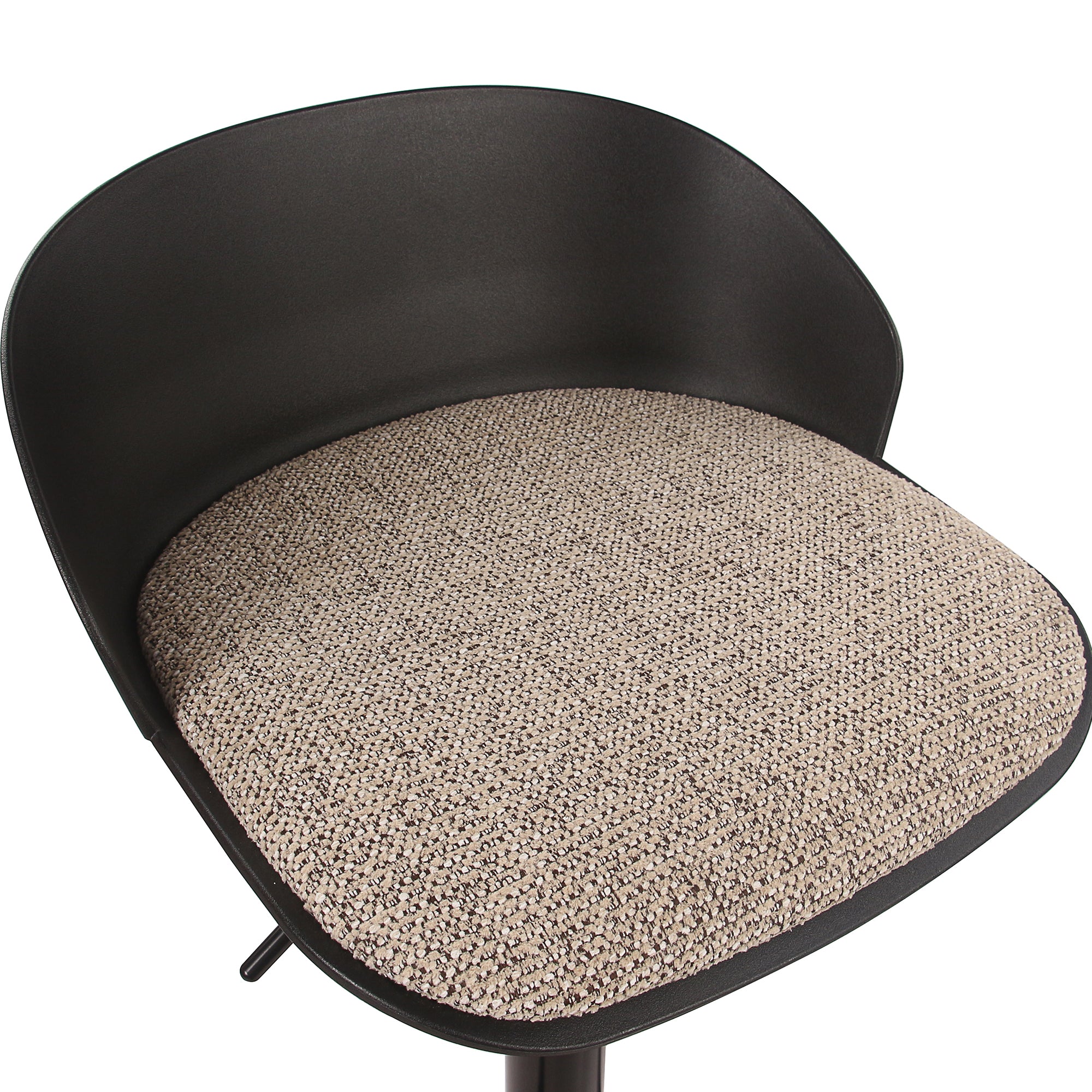 Close-up detail of the black Orla stool highlighting the textured woven seat cushion contrasting with the dark shell.