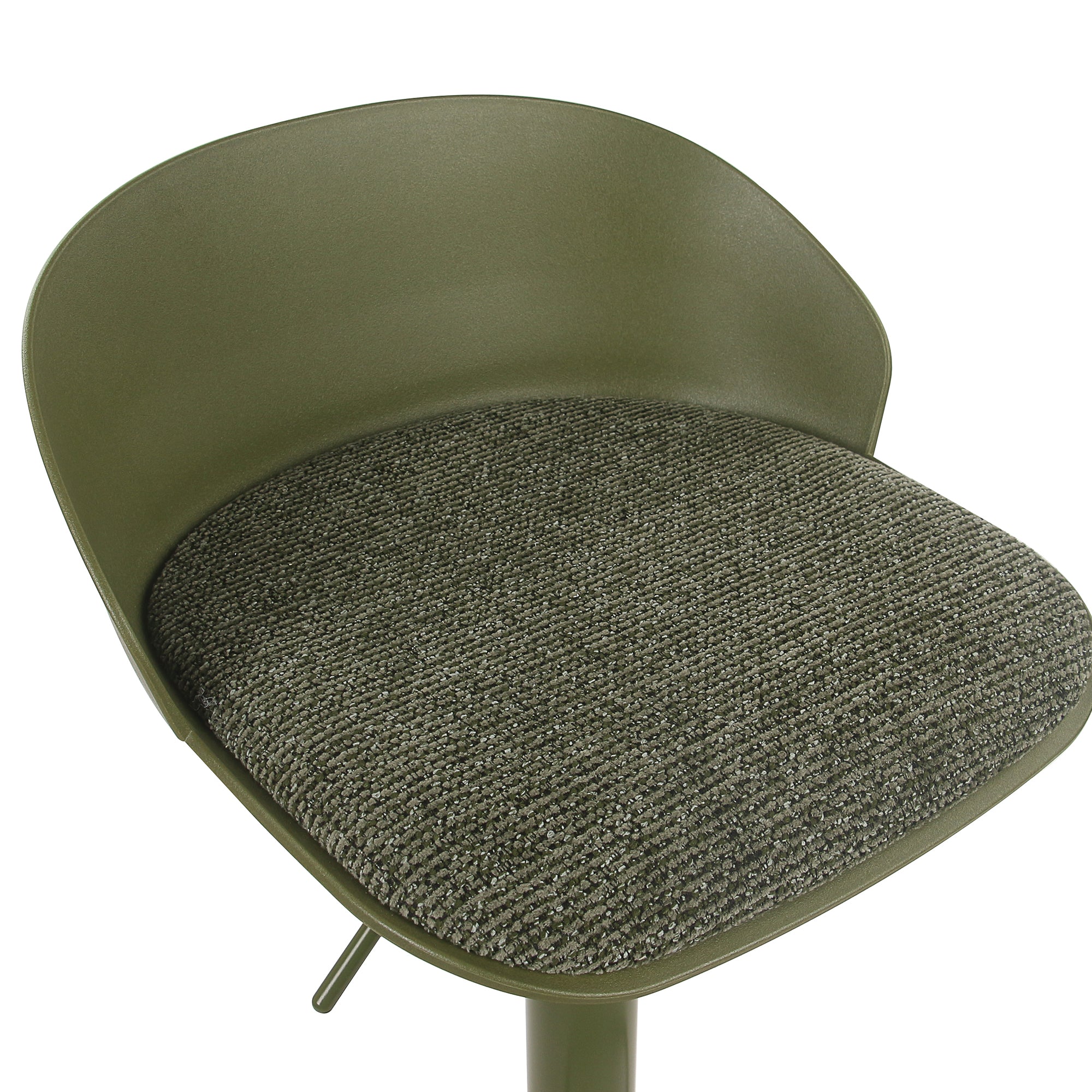Close-up of the olive green Orla stool showcasing the speckled green woven fabric of the comfortable seat cushion.