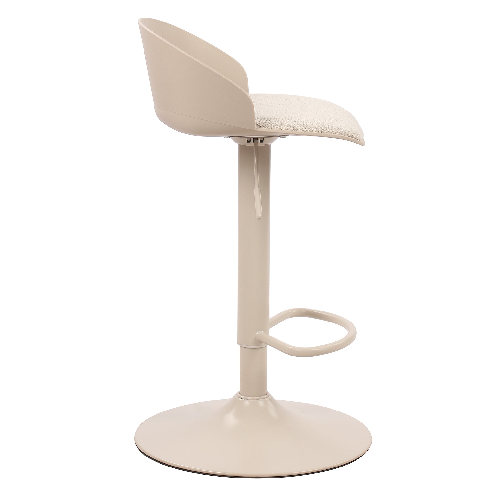 Side profile of the beige Orla stool showing the gas lift height adjustment lever under the seat and the smooth shell design.
