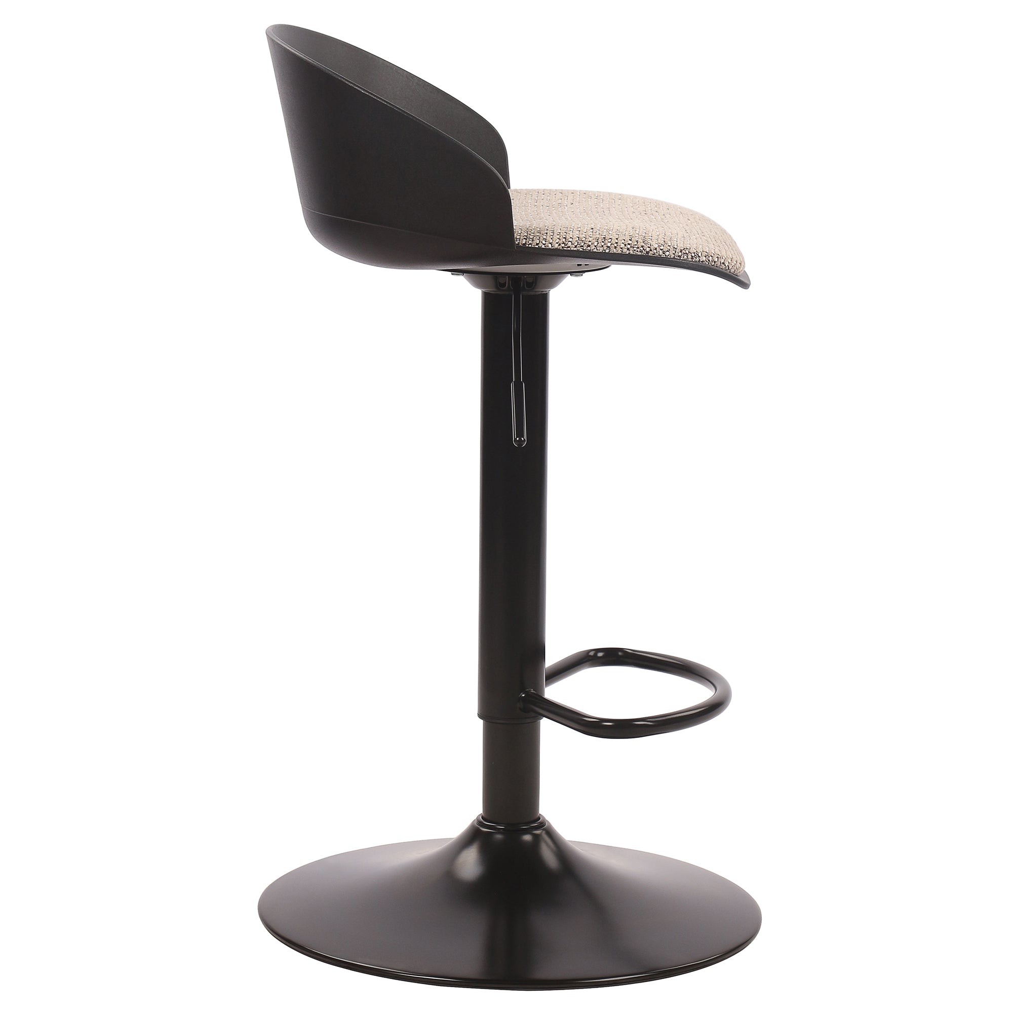 Side profile of the black Orla stool showing the adjustable gas lift mechanism, built-in footrest, and curved backrest.