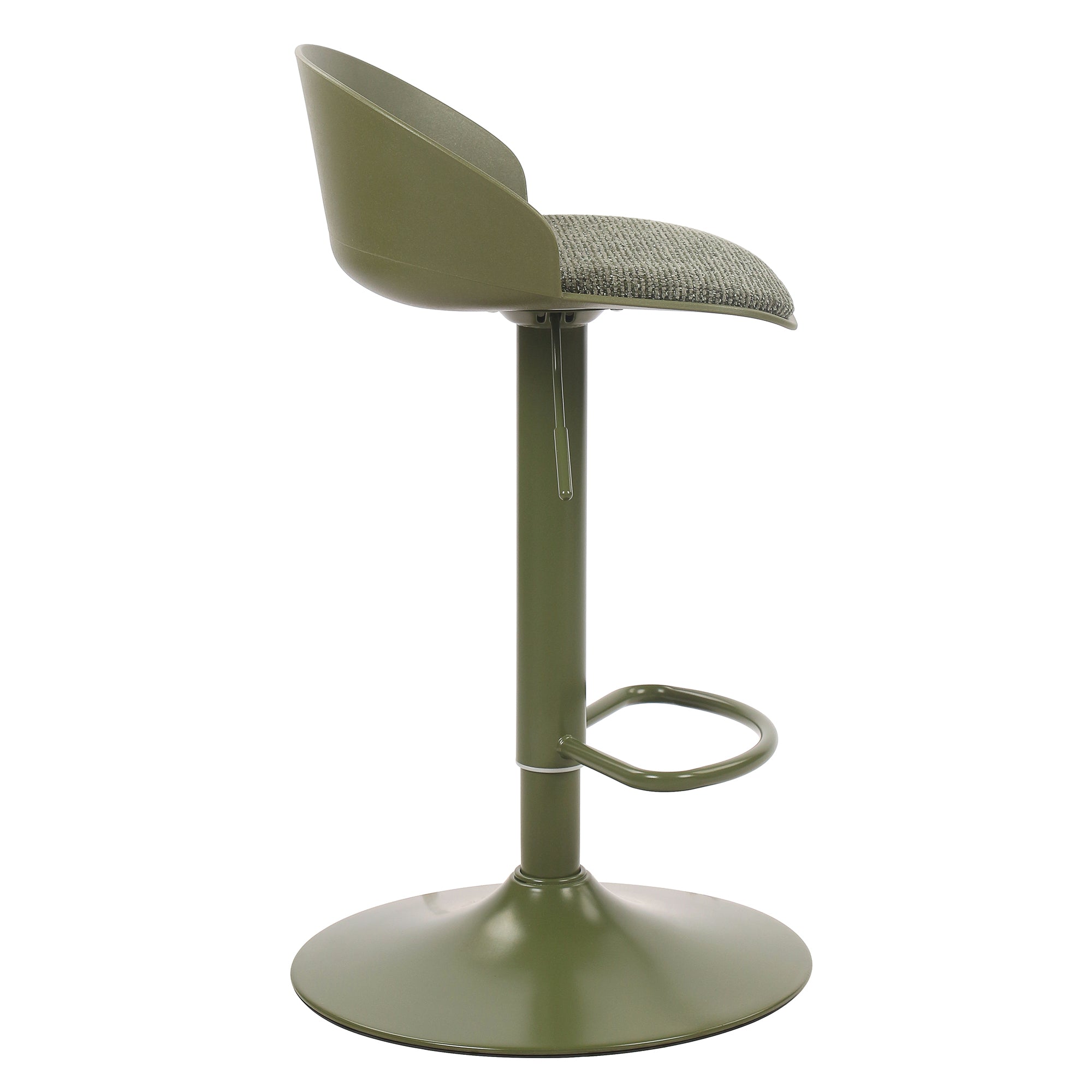 Side profile of the olive green Orla stool highlighting the adjustable height lever and the continuous modern silhouette.