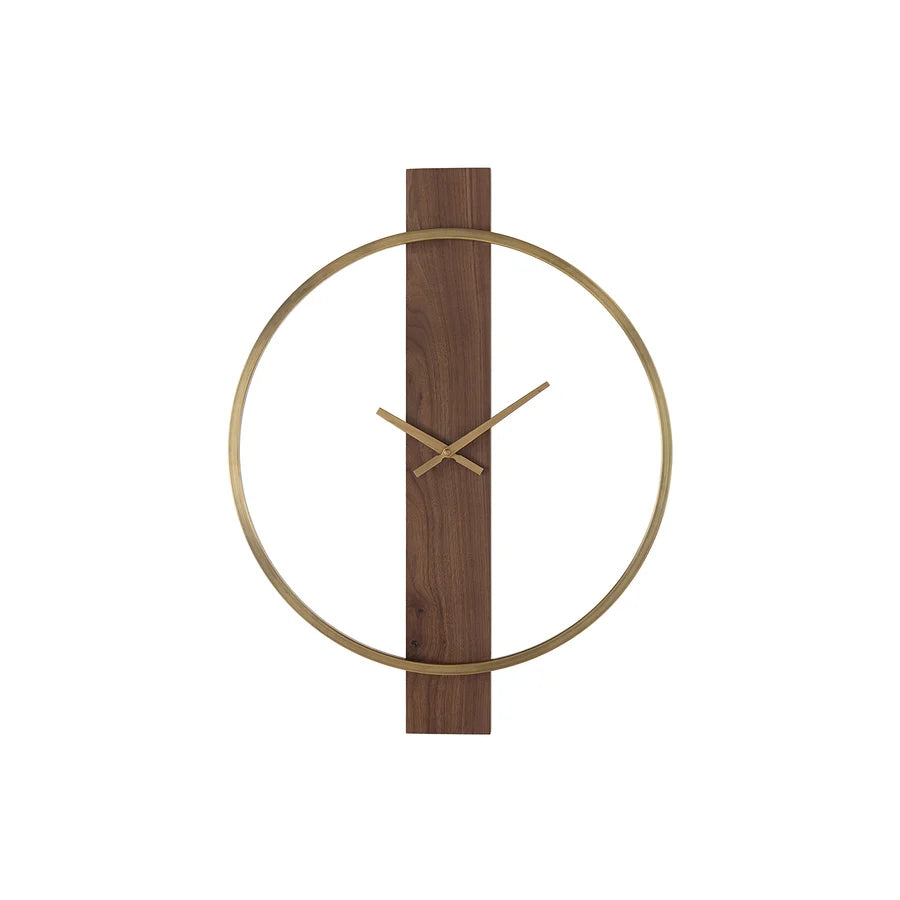 Orvella wall clock featuring a vertical walnut wood panel, an open antique brushed brass ring, and matching hands, shown from the front.