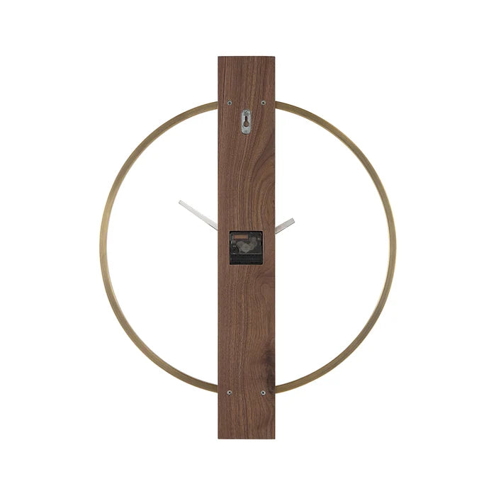 Rear view of the Orvella wall clock showing its walnut wood panel, clock mechanism, and hanging attachment.
