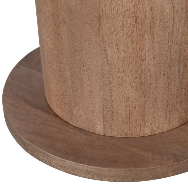 Close-up of a wooden pedestal with a round base on a white background