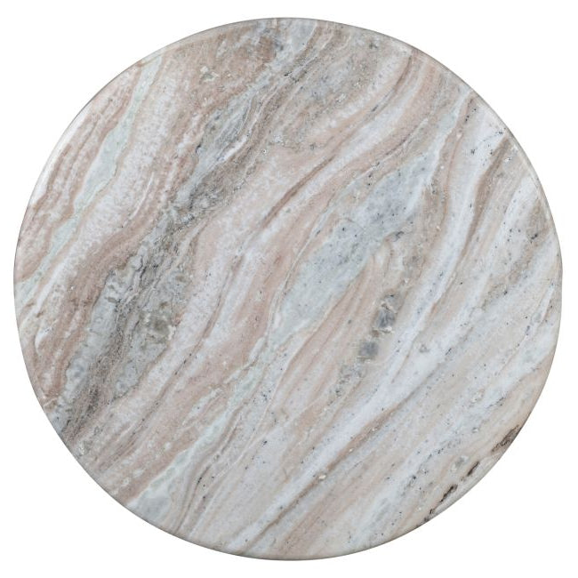 Round marble table top with beige and brown patterns on a white background
