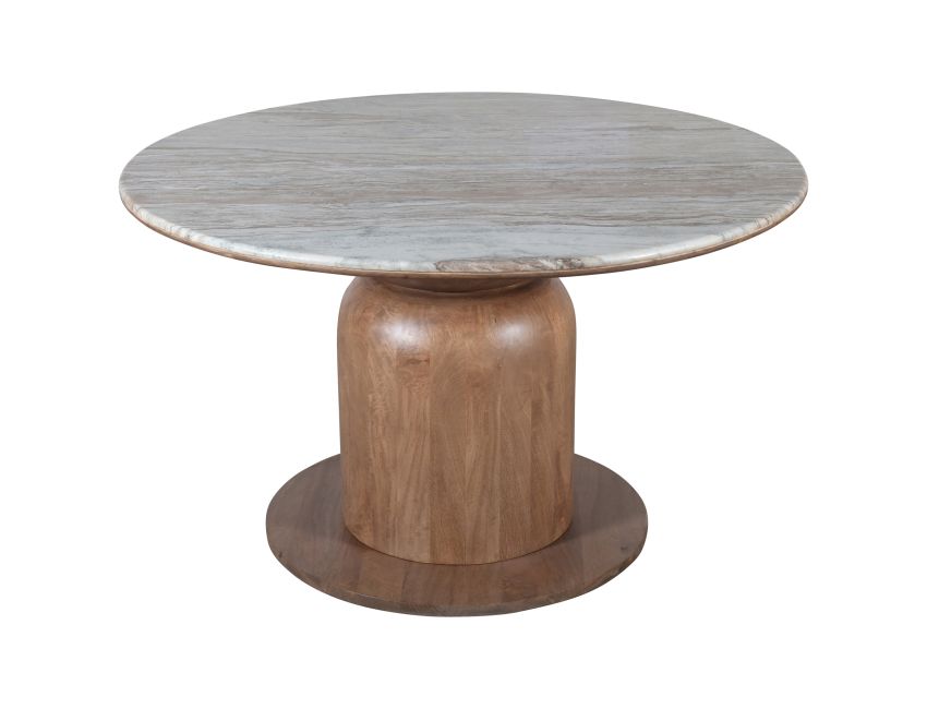 Ottilie round dining table with marble top and wooden base on a white background