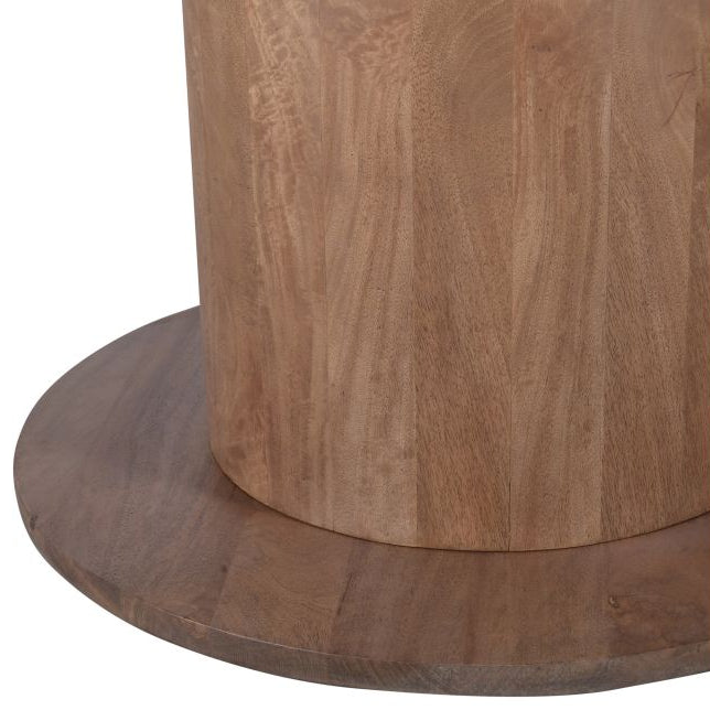 Close up details of the wooden cylindrical base
