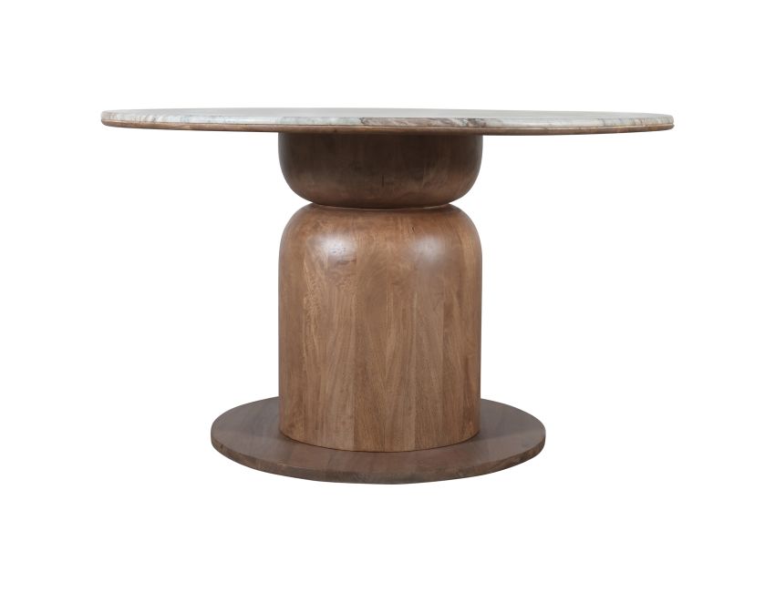 Front view of Ottilie round dining table with marble top and wooden base on a white background