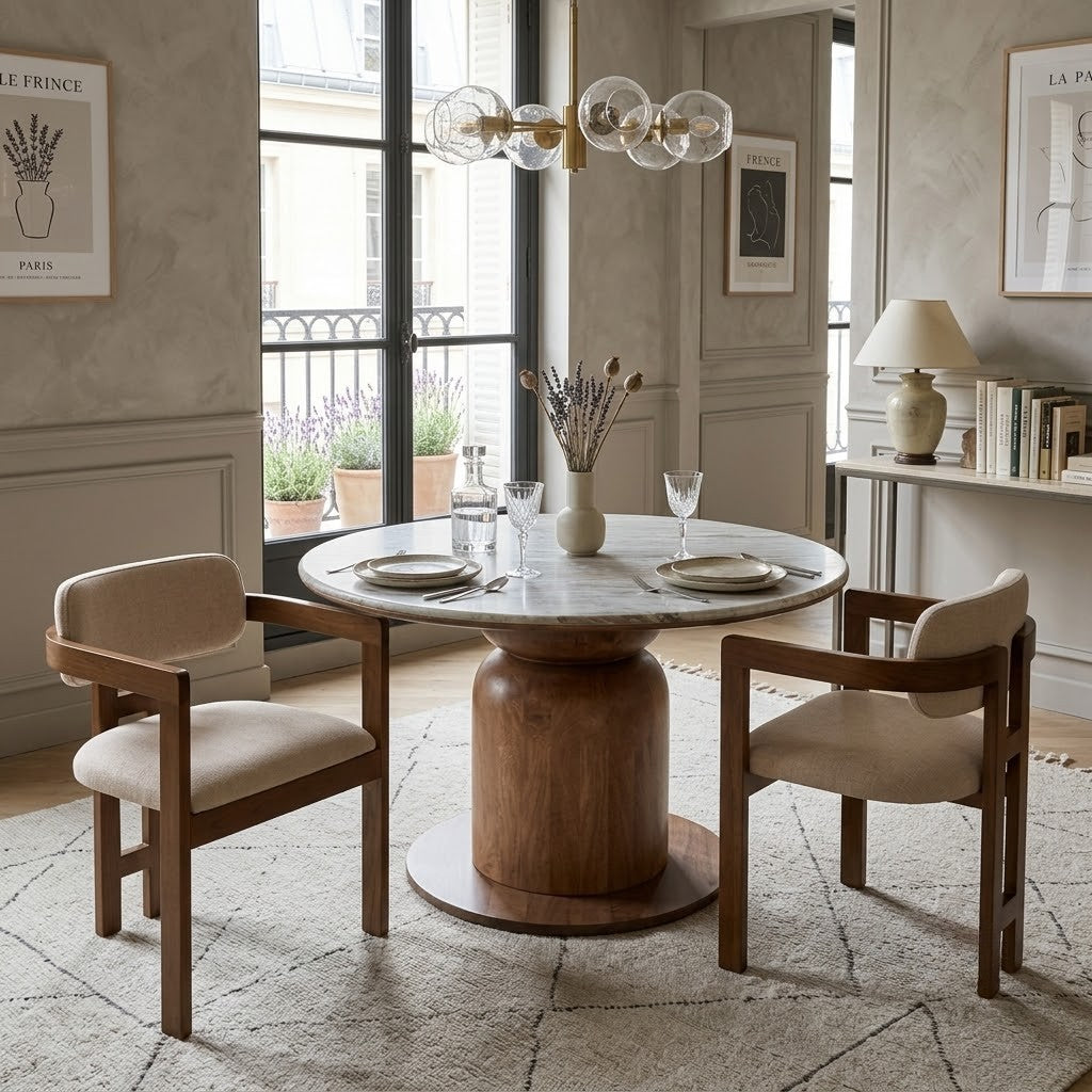 Round marble table and wooden chairs in French dining room.