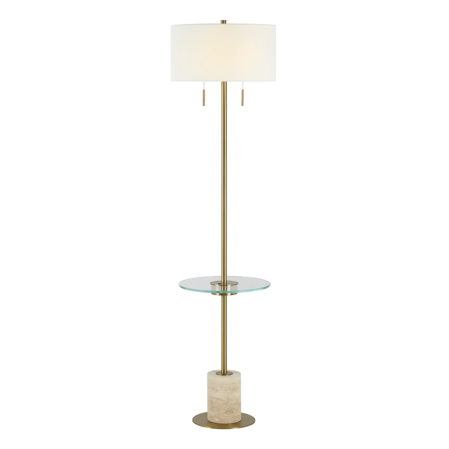 Perrin floor lamp illuminated to show the warm glow through its off-white linen drum shade.