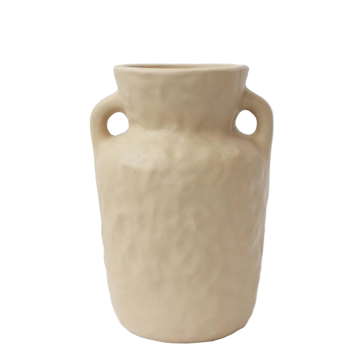 Beige ceramic vase with two handles on a white background