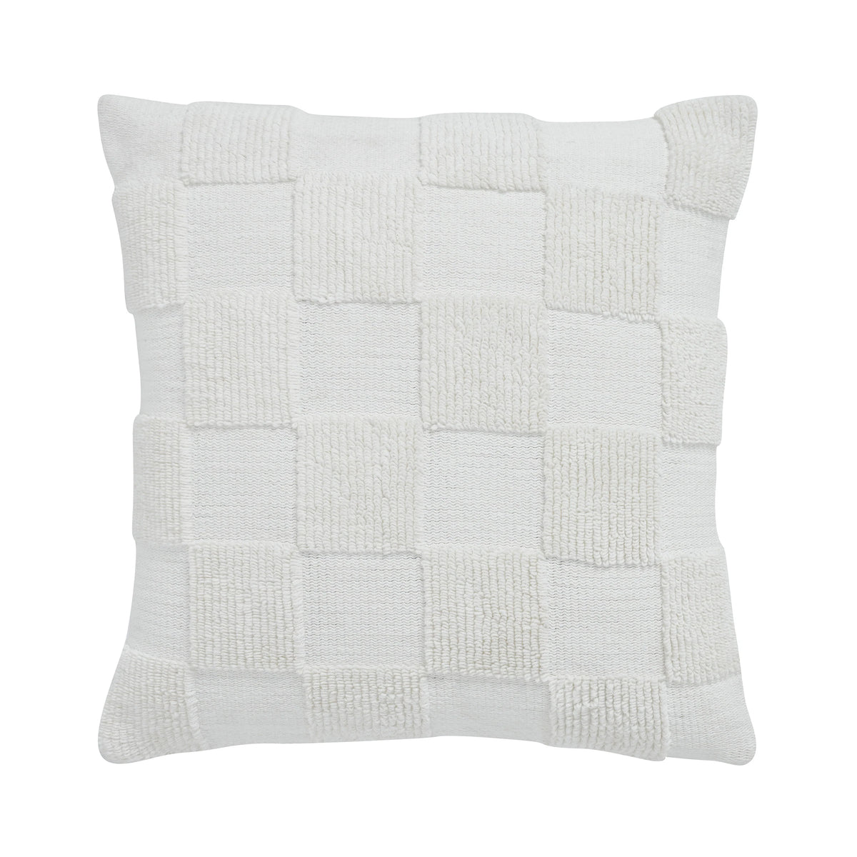 Full front view of the square Piper throw pillow featuring a tonal cream knitted checkerboard pattern.
