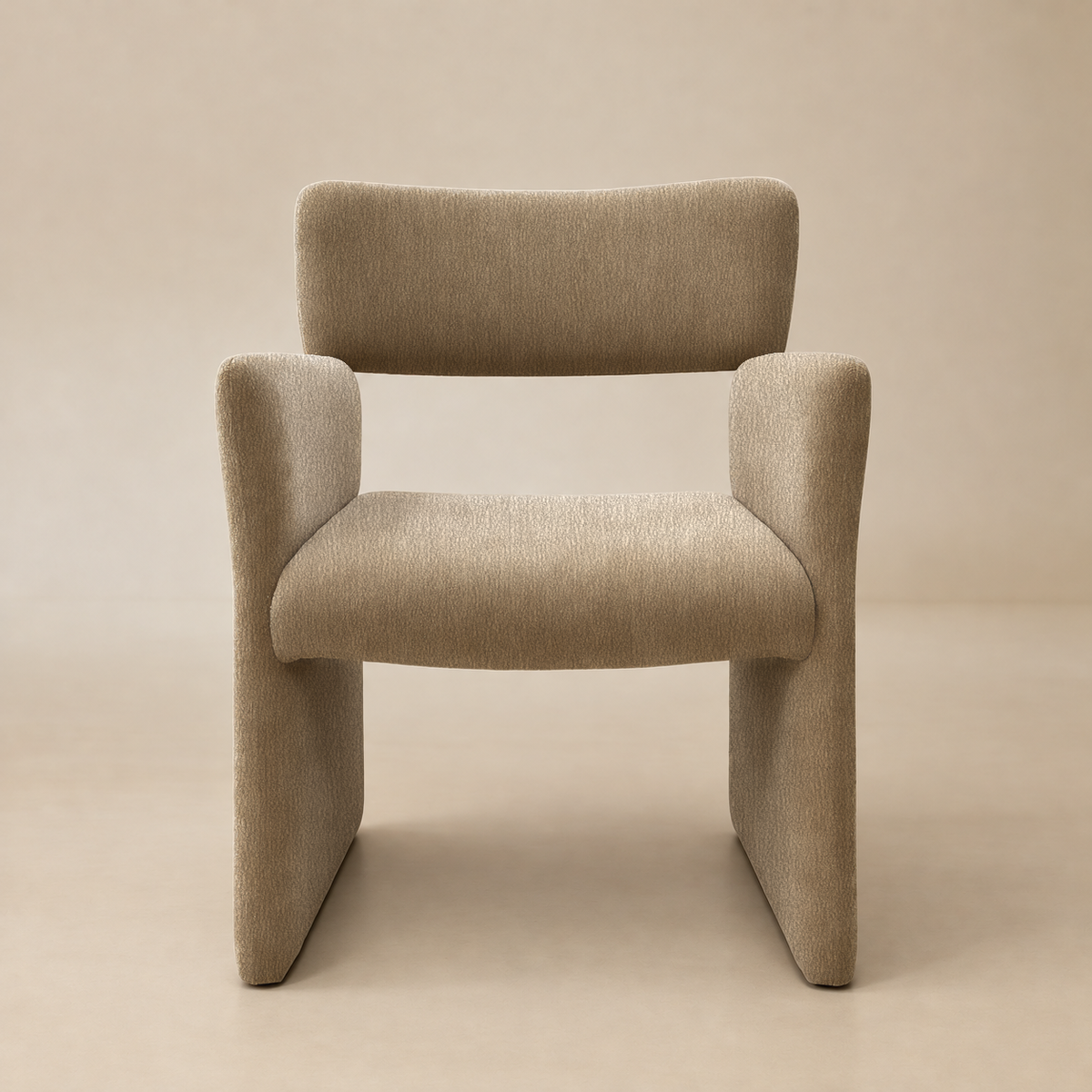 Front view showing the taupe chenille upholstery, curved backrest, padded seat, and full-height panel arms.