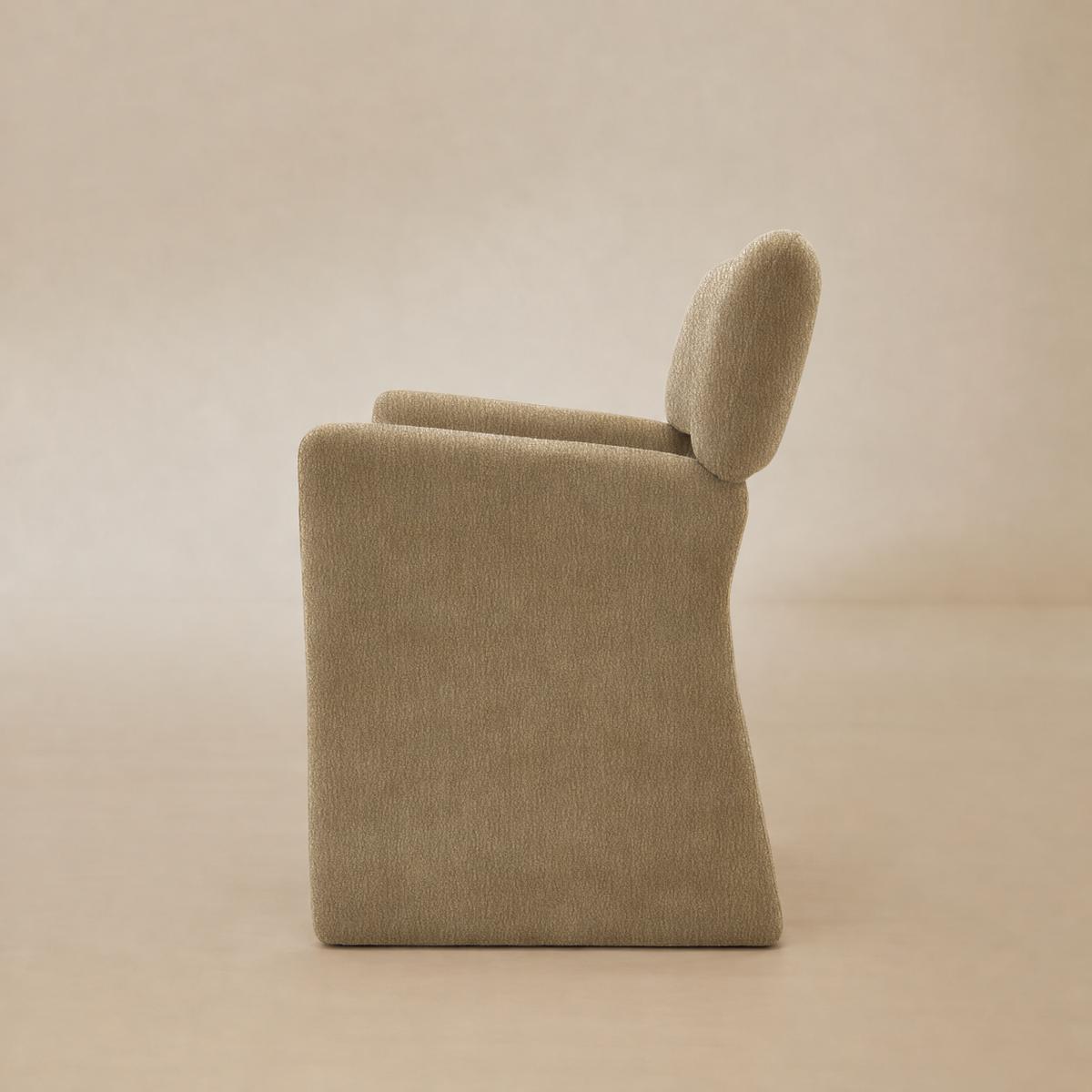 Side profile showing the upholstered panel base, armrest, and gently curved backrest.
