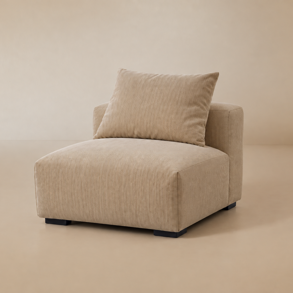 Plush Corduroy Sofa armless piece with matching square throw pillow set against a minimalist beige studio background.