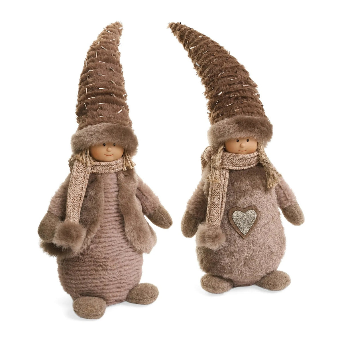 Set of two plush winter girl figures in warm brown with tall hats and knitted scarves