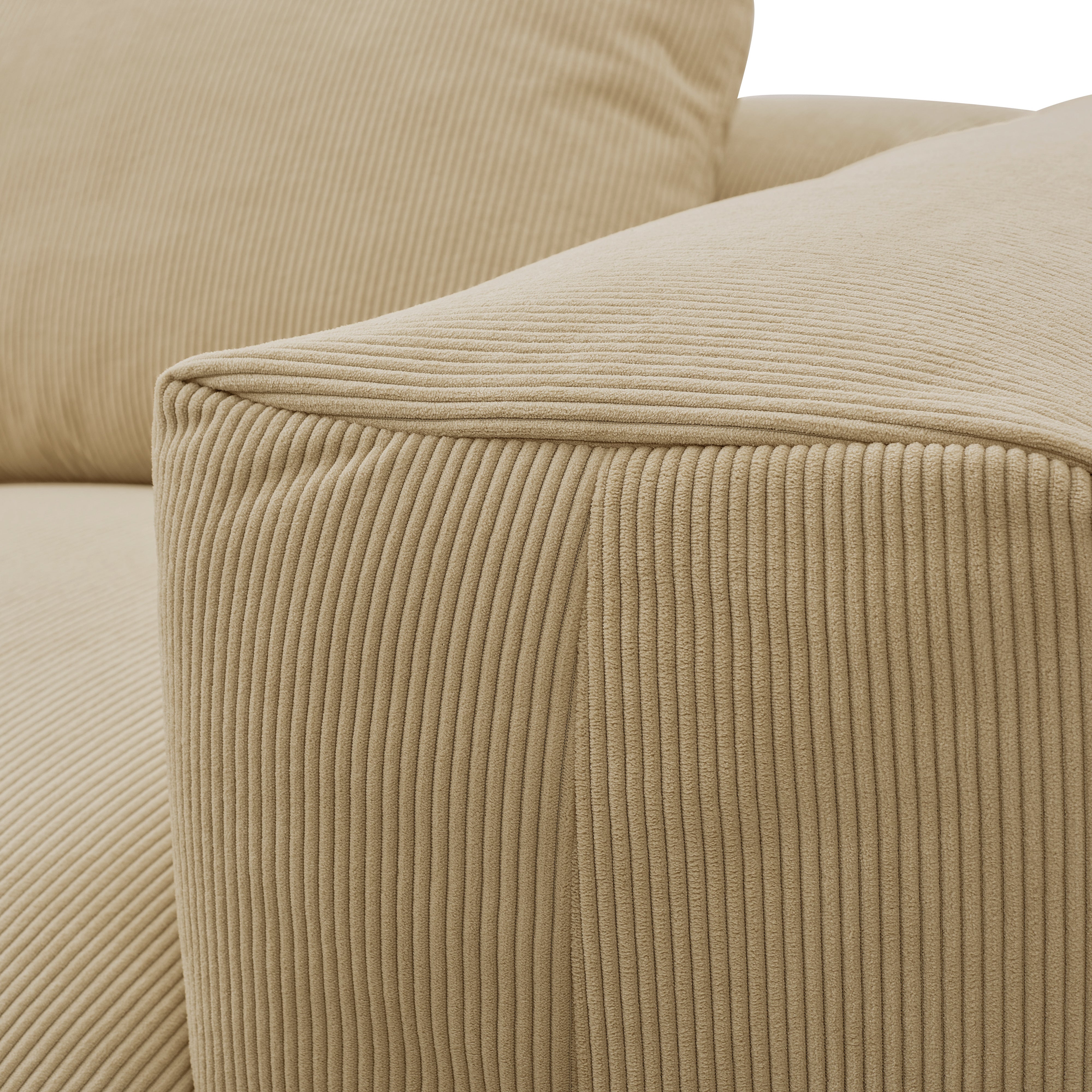 Close-up of the armrest of the Plush Corduroy sofa