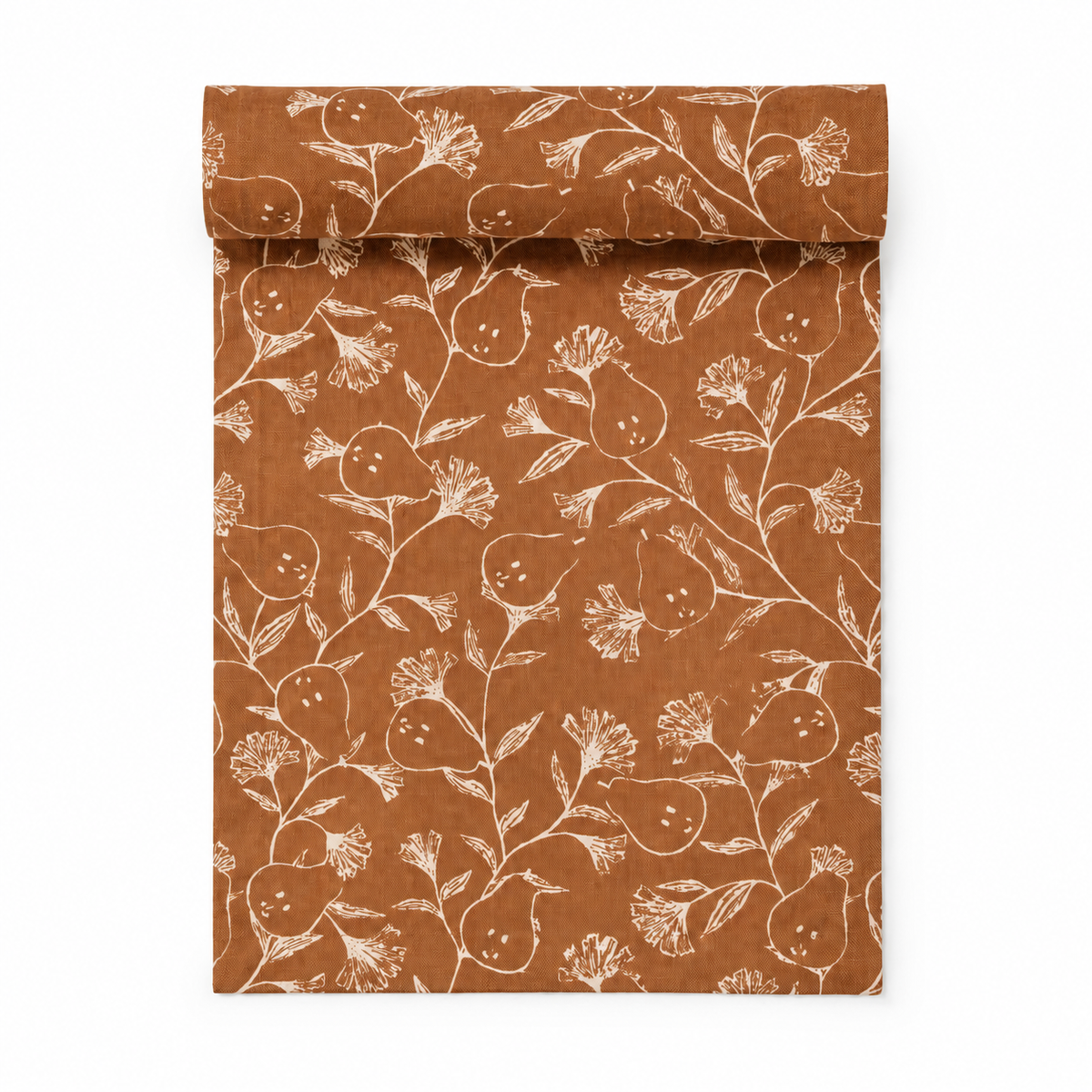 Poire cinnamon brown cotton table runner with an ecru botanical pear print