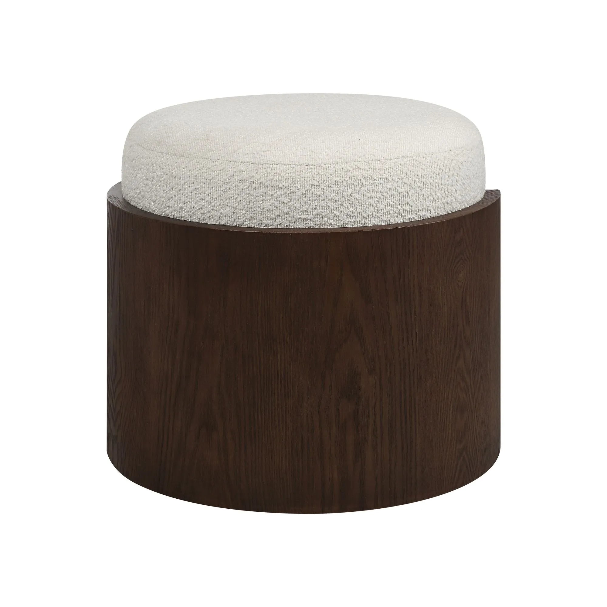 Angled view of the Rondo bouclé vanity stool highlighting its modern cylindrical dark brown wood base and textured white seat.