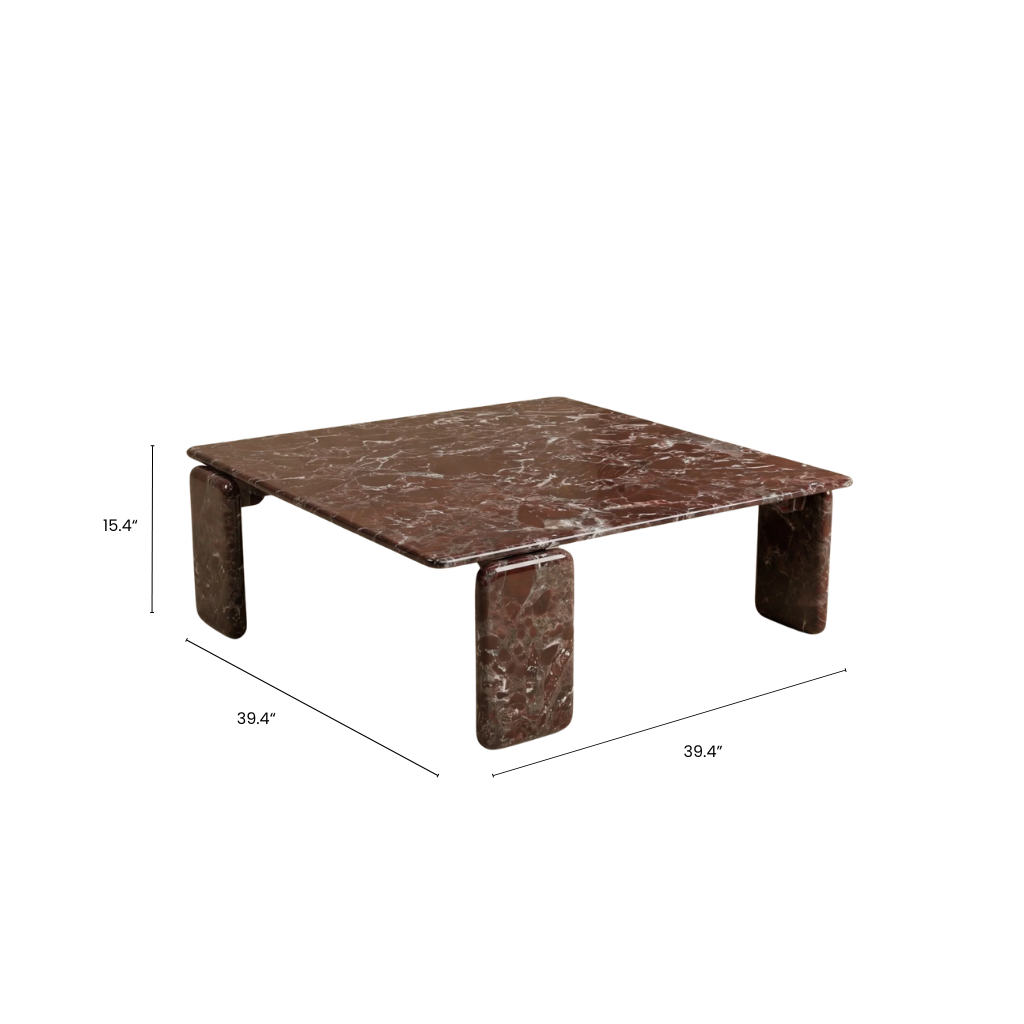Marble coffee table with dimensions on a white background