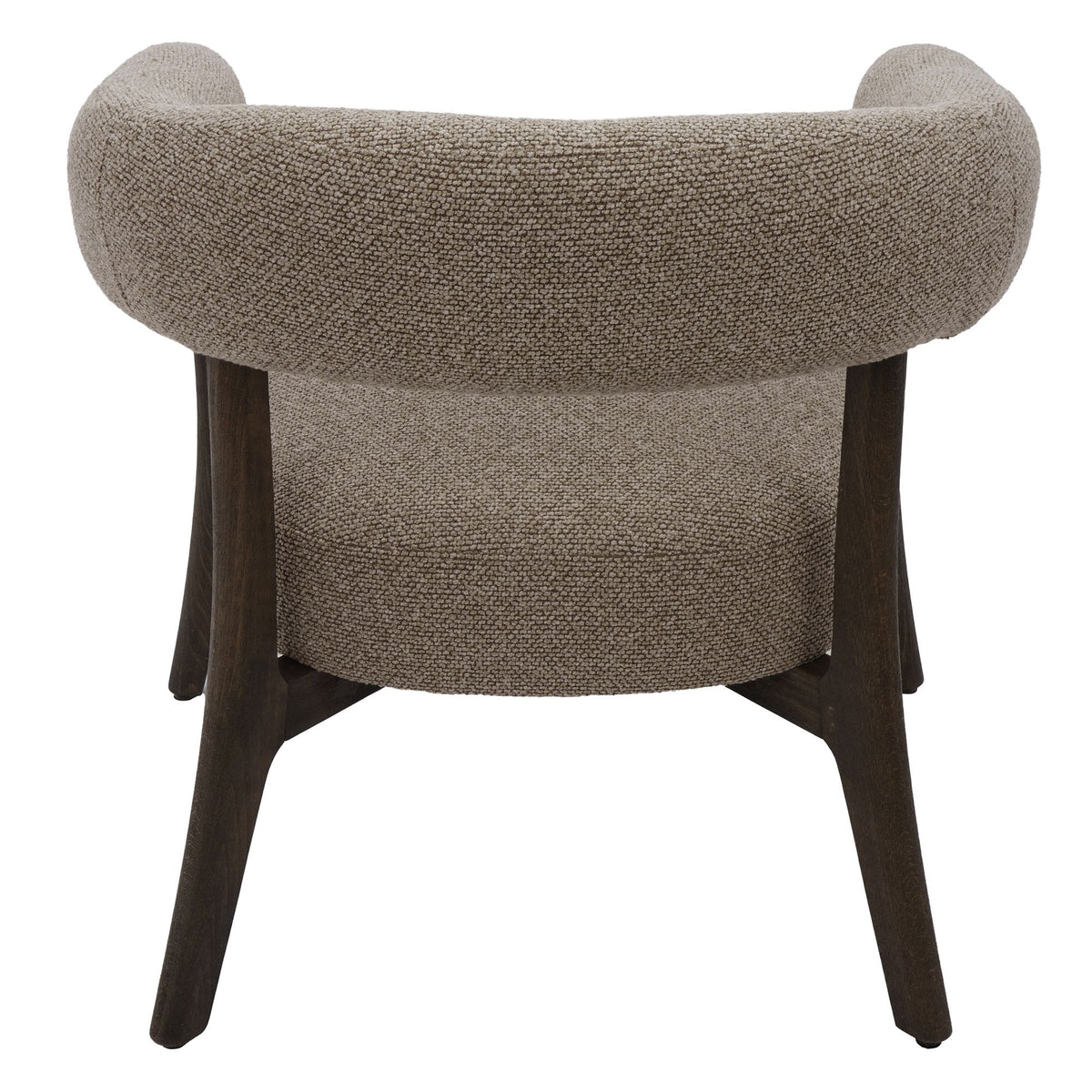 Full rear view of the Rowan chair highlighting the continuous brown textured fabric and architectural espresso base.