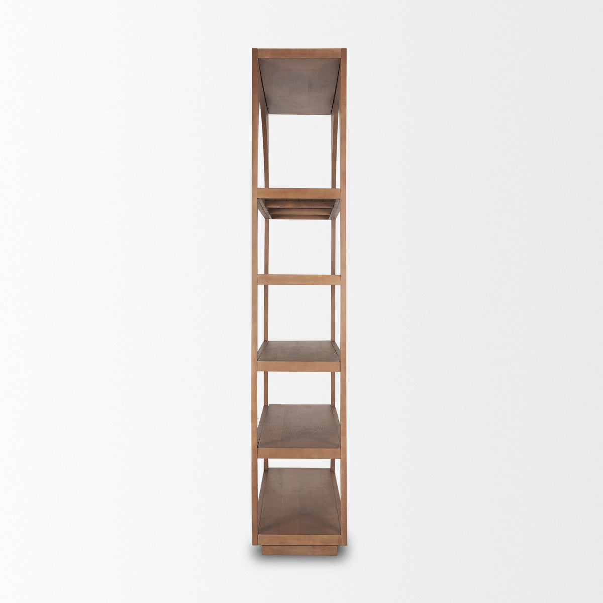 Side profile view of the five-tier Rowan arched bookcase showing its slim depth and open wooden frame.