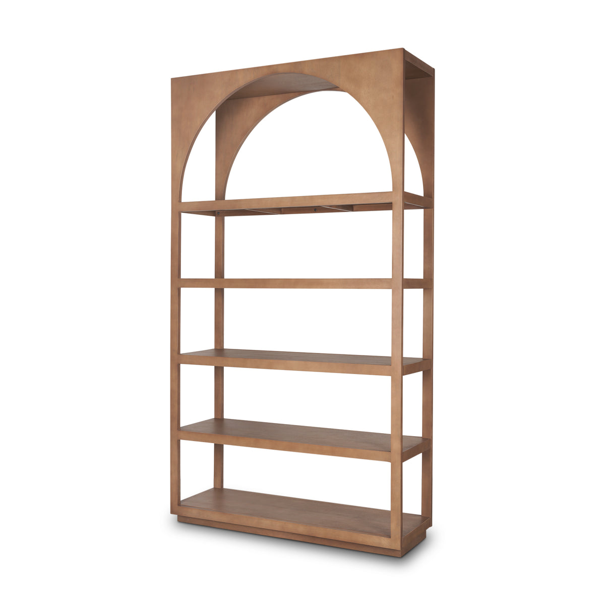Angled view of the empty Rowan arched wood bookcase highlighting its five open shelves and rounded top.