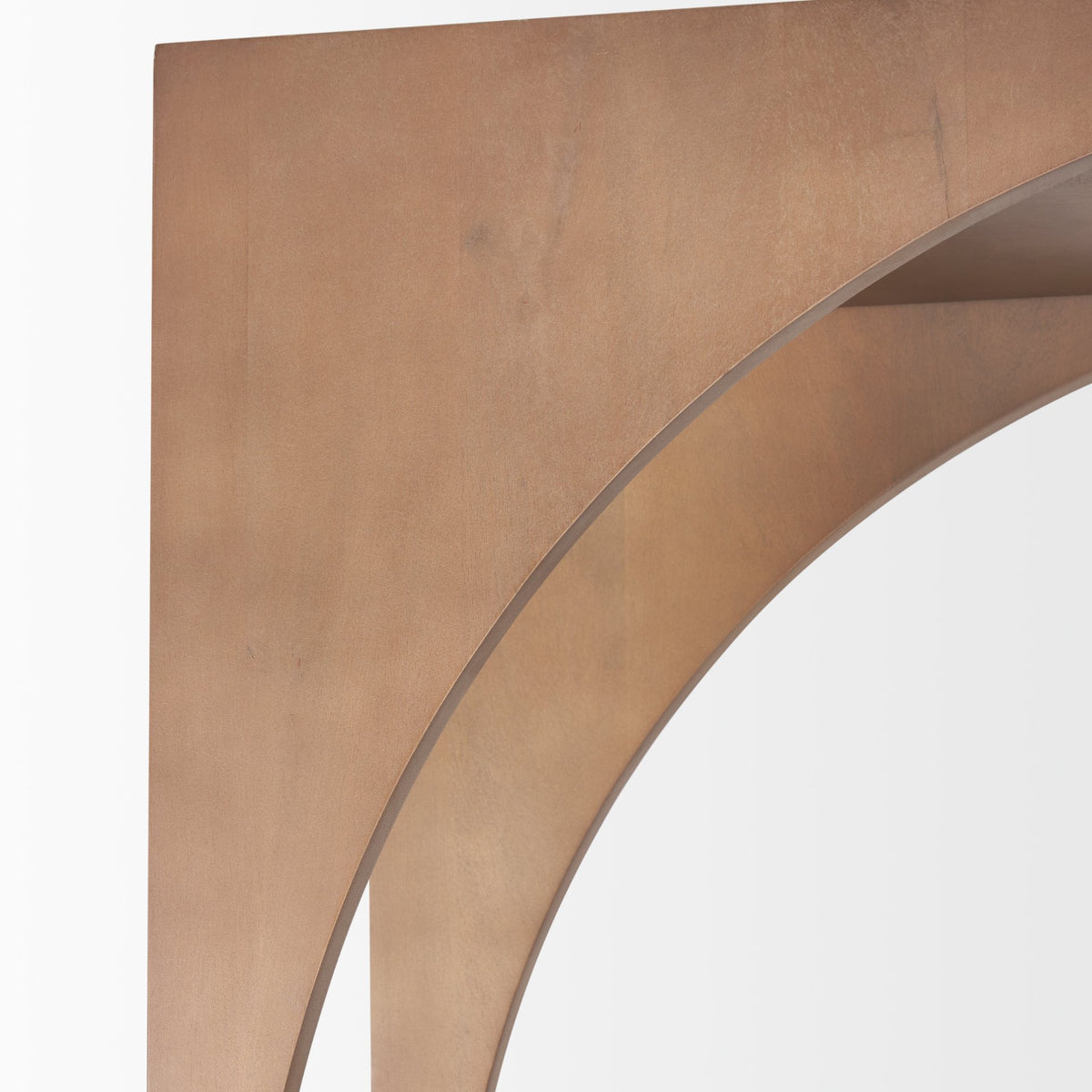 Close-up of the smooth, curved wooden architectural arch design at the top of the Rowan bookcase.