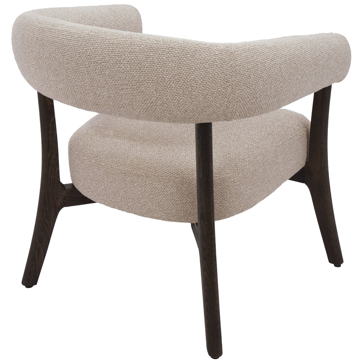 Rear angled view highlighting the contrast between the light oat fabric and the dark finished solid wood frame.