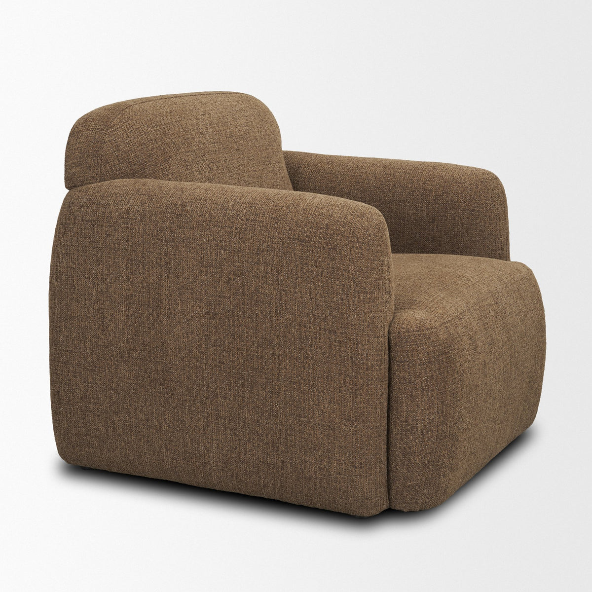 Angled view of the Rowan mocha brown chair highlighting its deep seat and modern curved silhouette.