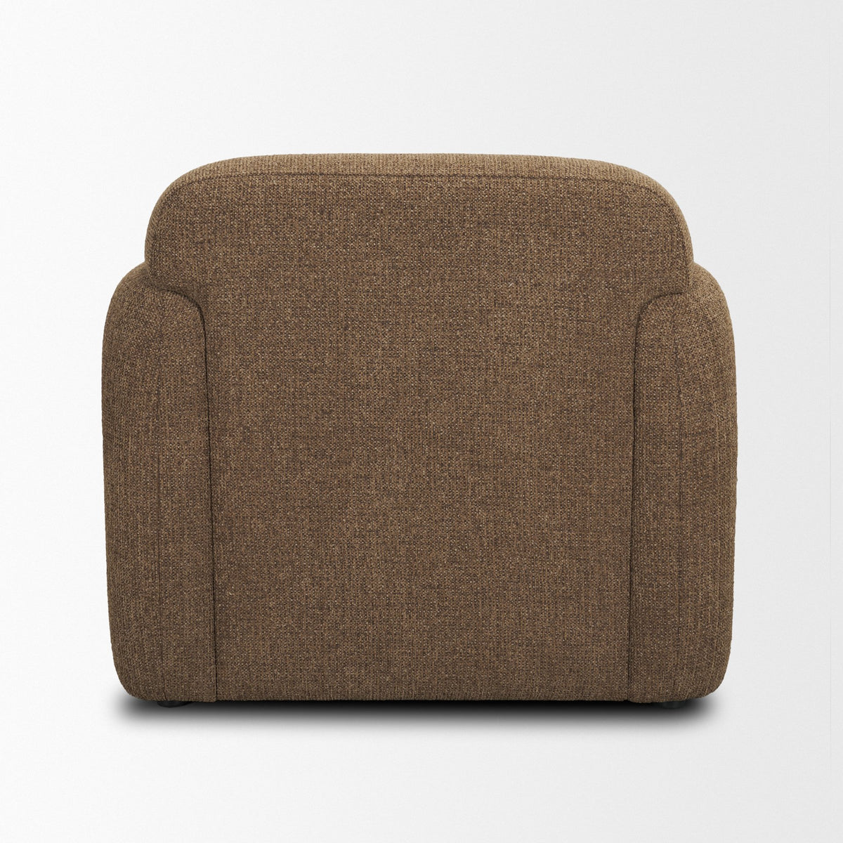 Back view of the Rowan upholstered chair featuring a clean seamless mocha fabric finish.