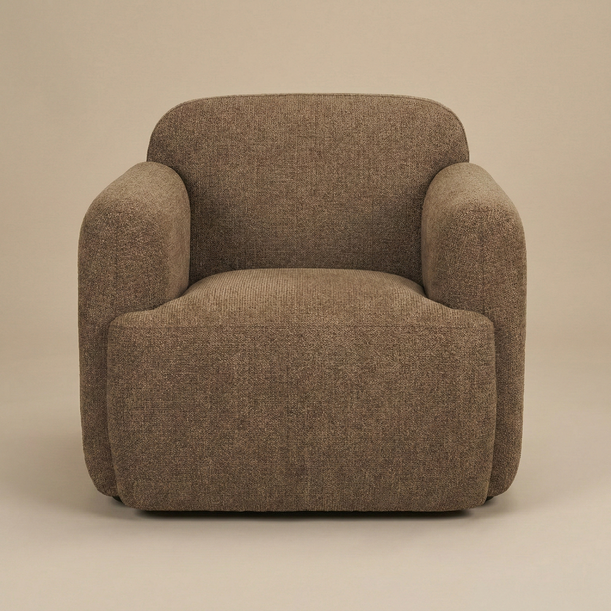 Rowan accent chair in mocha brown textured fabric with rounded arms and a low profile design.