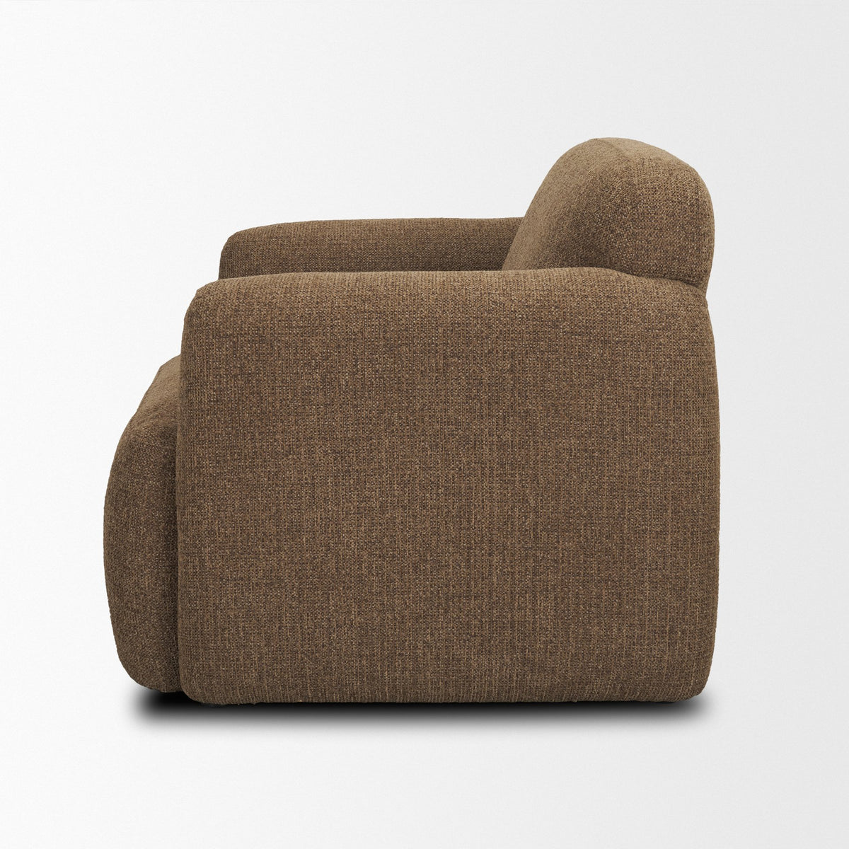 Side profile view of the Rowan mocha chair showing the curved backrest and fully upholstered design.