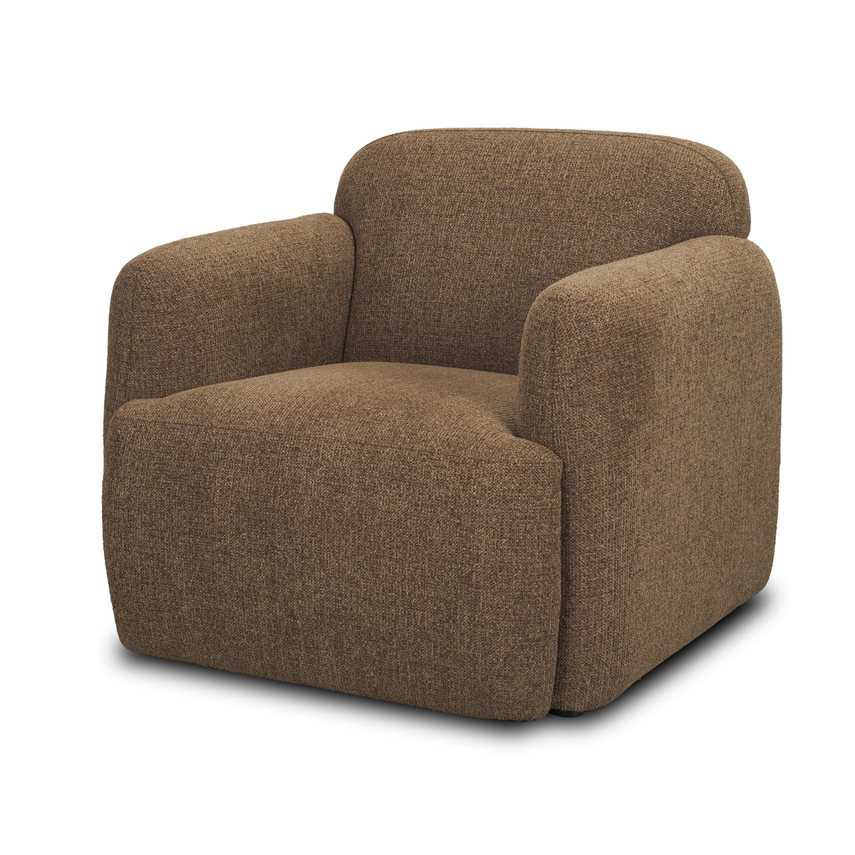 Studio three-quarter view of the Rowan accent chair showing the mocha brown textured fabric and deep comfortable seat.